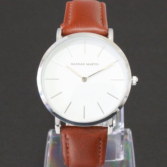 Men's Classic Minimalist 2 Hand Quartz Watch Raised Indices Brown Strap 36mm - Picture 3 of 12